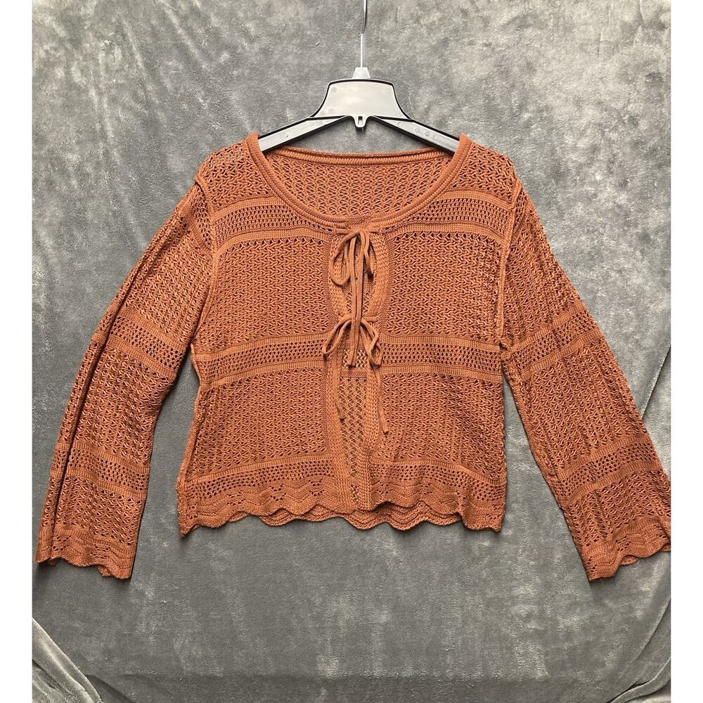 70s Retro Crochet Tie-Front Rust Bell Slv Sweater Sz L Scallop Festival Cowgirl